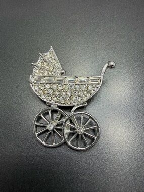 Vintage Rhinestone Baby Carriage Brooch - Silver Tone